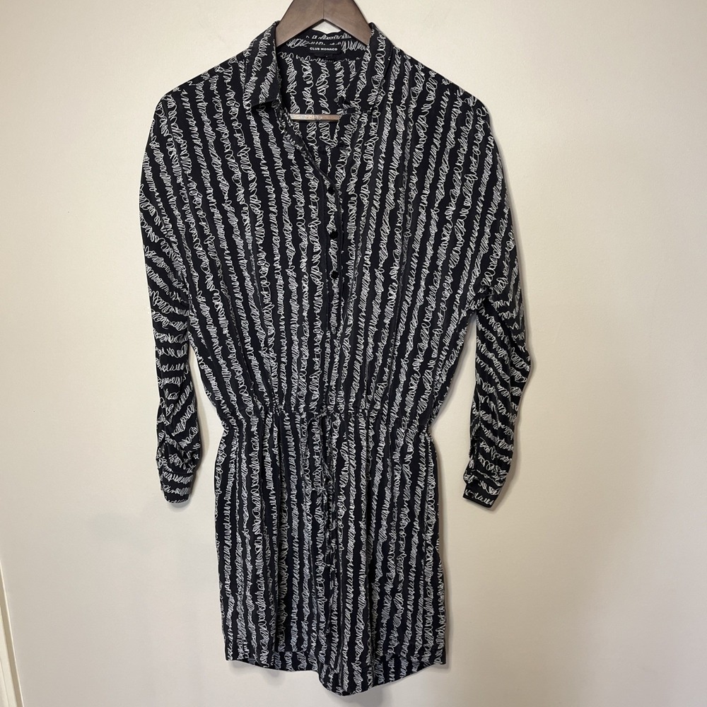 Club Monaco Sz 2 Lanita Shirt Dress Pockets Drawstring Waist 100% Silk Black - Picture 1 of 8